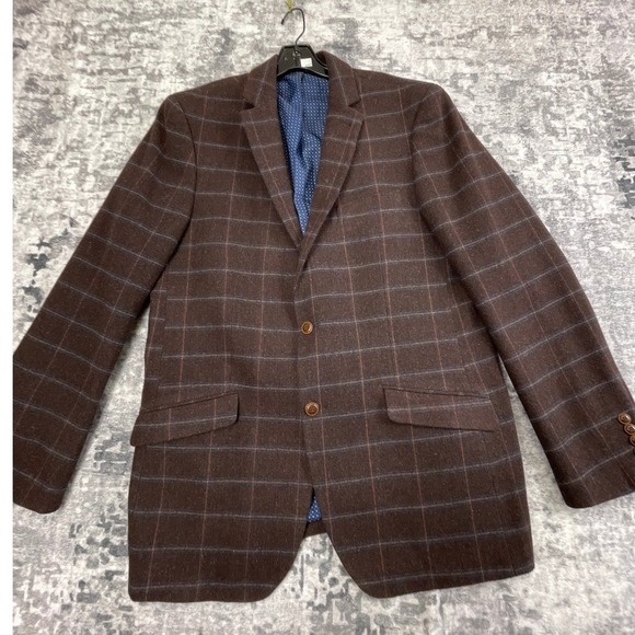 Bachrach Mens 42L Brown Tan Blue Windowpane Wool Blend Sport Coat Jacket